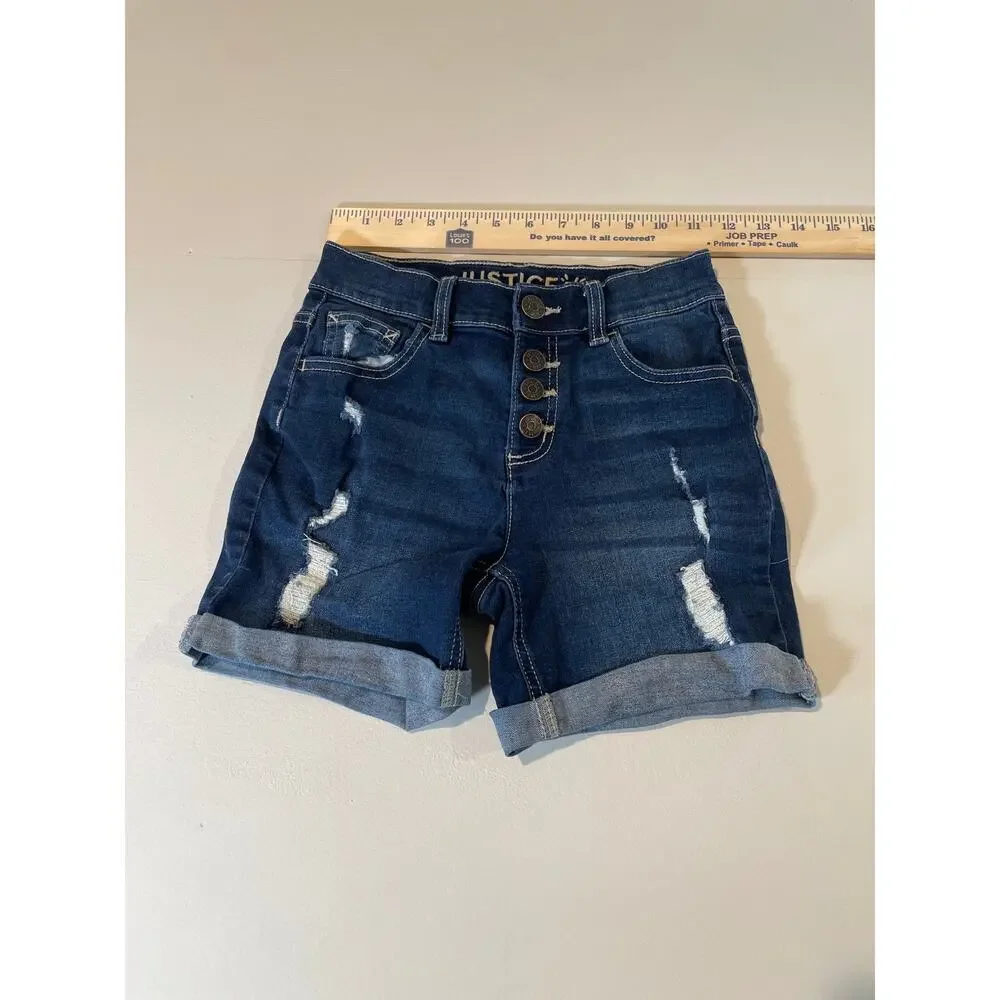 Justice Girls Cuffed Jean Shorts – Size 12 Black Denim Distressed Button Closure